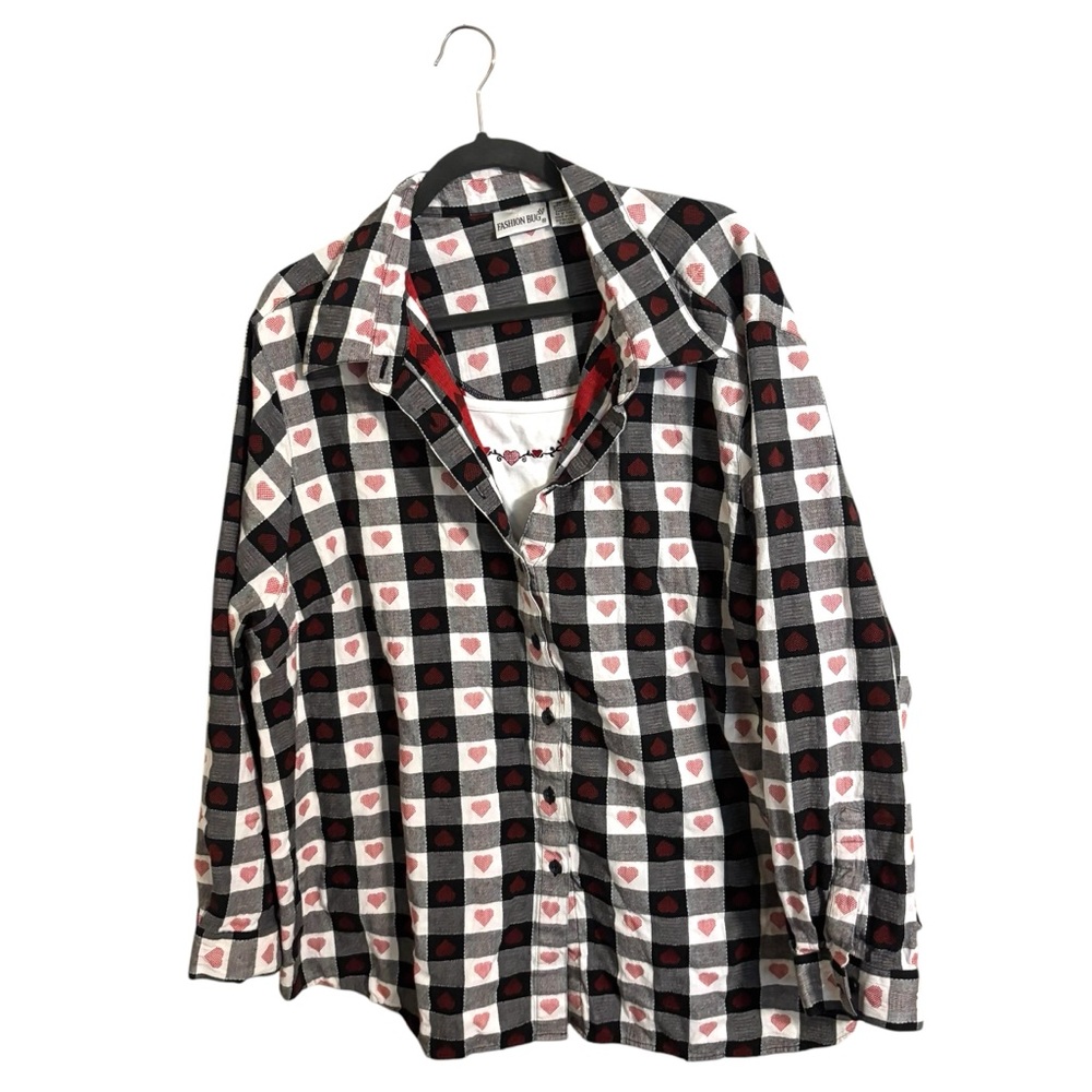 Fashion Bug Y2K Heart Plaid Button Up‎ Top w/ Built in Camisole Size 26/28